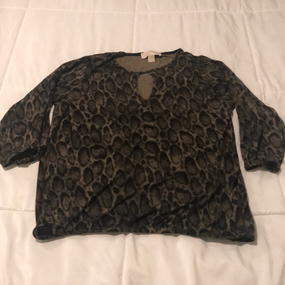 Michael Kors animal print blouse top in black and olive green w peephole front - Picture 1 of 8
